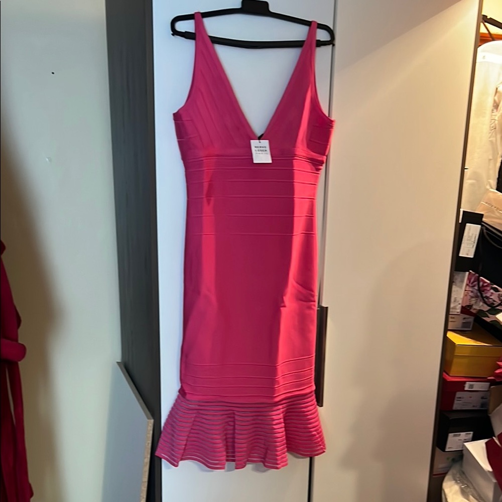 Herve Leger Vibrant Pink Midi Dress with ruffle NWT